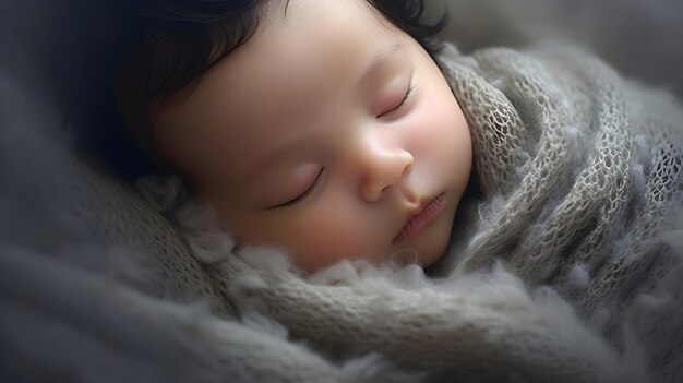 Newborn cradled in a soft blanket tiny eyes open to the world