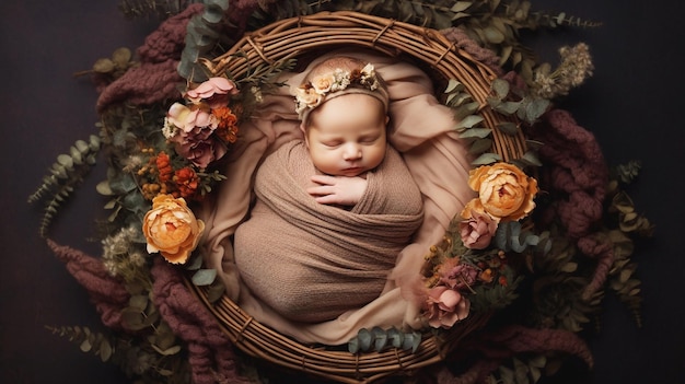 Newborn cute little baby girl sleeping in flower basket