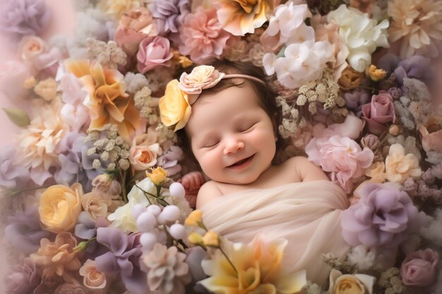 Photo newborn girl in a violet hat sleeps under a pink cape