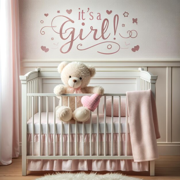 Photo newborn girls nursery with plush teddy and pink accents