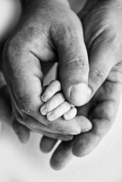 A newborn holds on to mom39s dad39s finger hands of parents and\
baby close up a child trusts and holds her tight tiny fingers of a\
newborn black and white macrophoto concepts of family and love