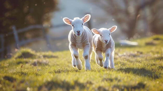 写真 野原で遊ぶ新生児の子羊の毛は 柔らかく白く 春の新鮮さを象徴しています