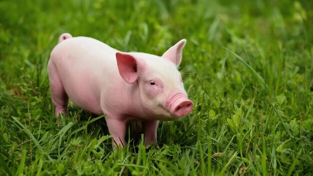 春の緑の草の上に生まれたばかりの豚