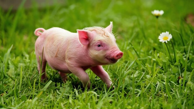 Newborn piglet on spring green grass