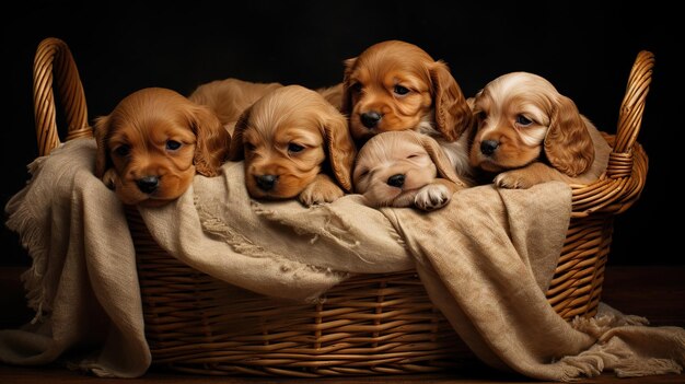 Photo newborn puppies in a woven basket with blankets