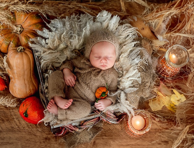 Newborn sleeping framed by orange pumpkins