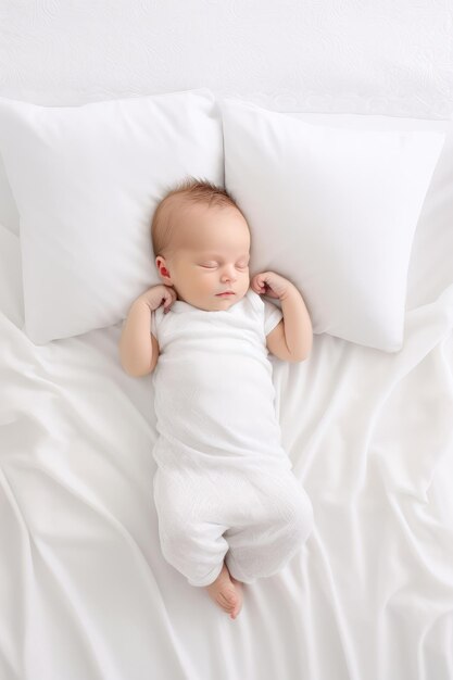 Newborn sleeping on the white bed New family and baby protection concept