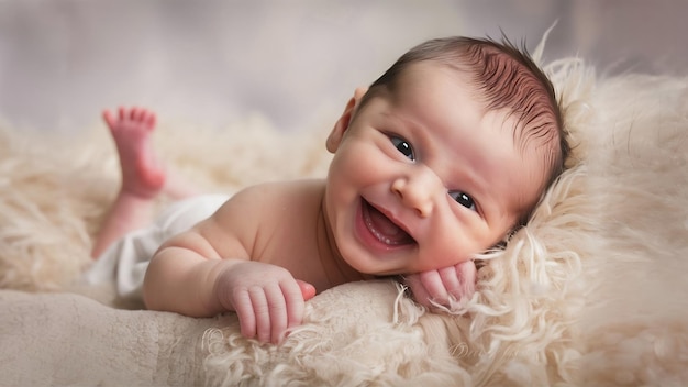 Newborn toddler boy laughing on the bed