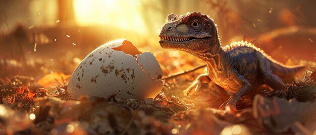 Photo a newborn velociraptor peeks out from a cracked egg on the ground