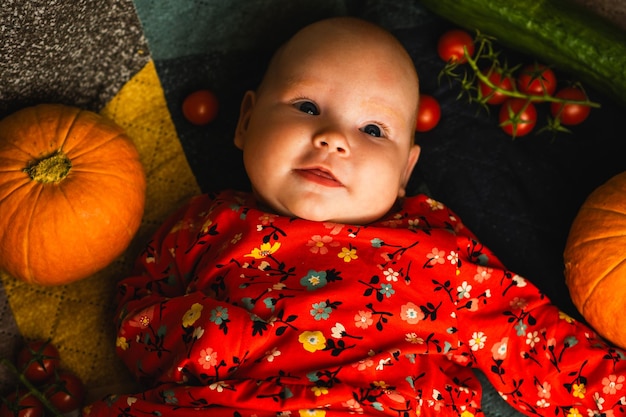 Newborn with harvest of vegetables Concept of horticulture agriculture and organic products