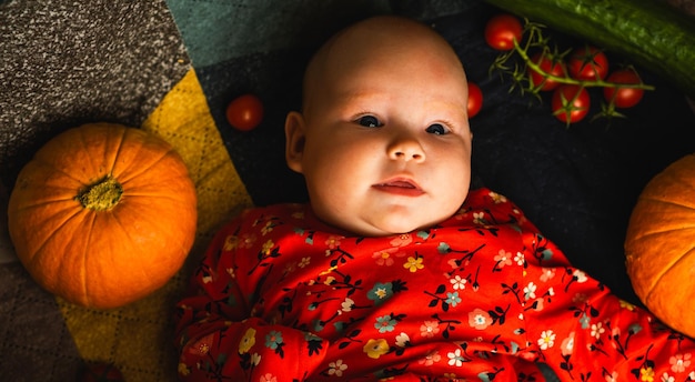 Newborn with harvest of vegetables Concept of horticulture agriculture and organic products