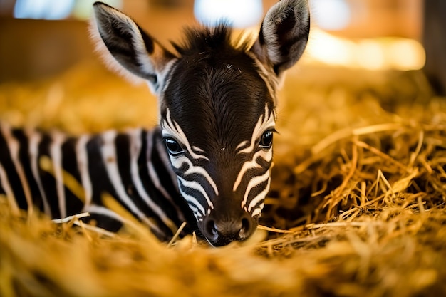 A newborn zebra cub lying in a haystack