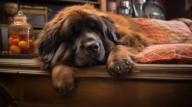 Newfoundland dog peacefully asleep on a plush and cozy sofa