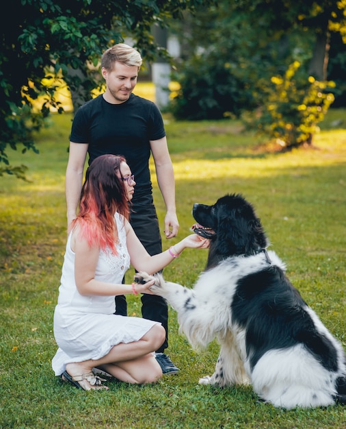 Photo newfoundland dog plays with man and woman