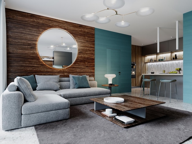 Newly designed living room with modern wallmounted furniture with a TV and a corner gray sofa