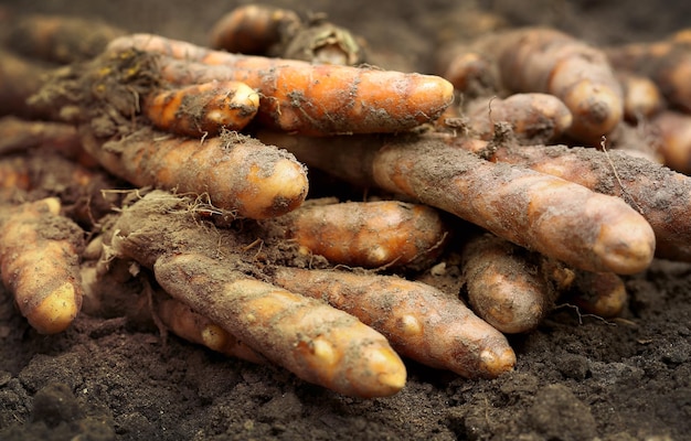 Newly harvested Turmeric in cultivated soil