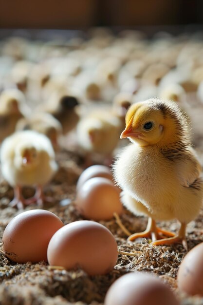 Photo newly hatched baby chicks in a farm