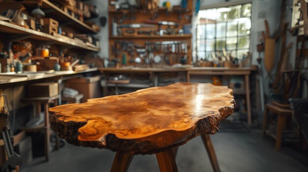 newly made designer table with burl wood top in a carpentry workshop