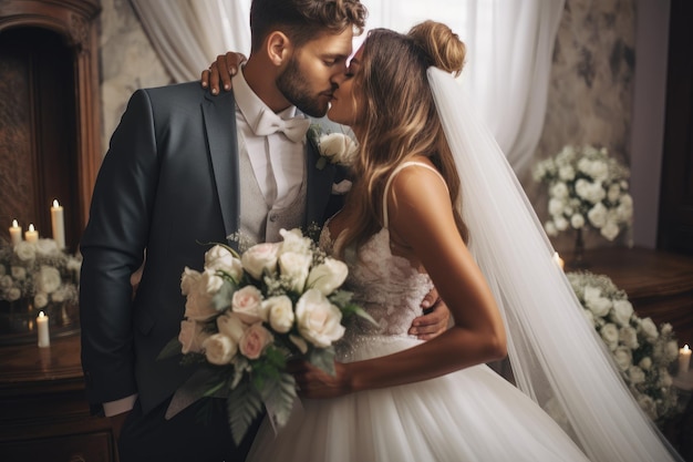 Newly married couple embracing and kissing in front of a window on their special day The groom kisses his sweetheart bride at their wedding after the ceremony Wedding day AI Generated