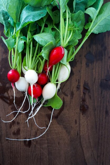 Photo newly picked and rinsed radish on table