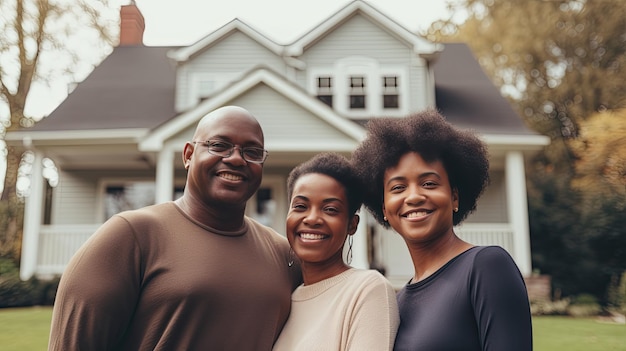 부동산 성과에 대한 자부심으로 빛나는 소유권을 상징하는 아프리카계 미국인 가족과 함께 새로 구입한 주택 Generative AI