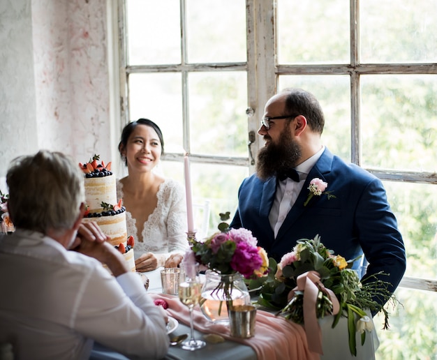 Newlywed Couple Cheerful Wedding Reception