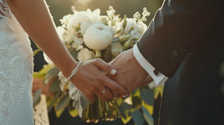 Photo a newlywed couple holds hands showcasing wedding rings and a bracelet