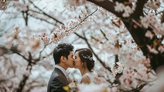 A newlywed couple is standing in a park kissing under a cherry blossom tree