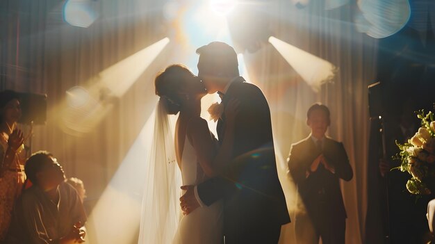 Photo newlywed couple kissing in front of guests and minister at wedding ceremony generative ai