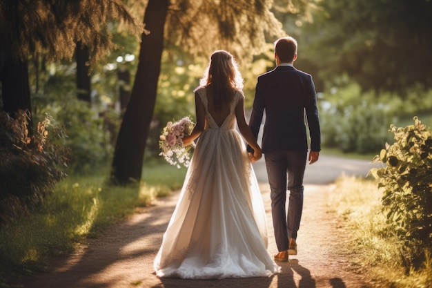 Newlywed couple outdoors