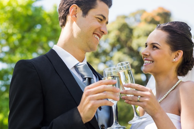 Newlywed toasting champagne flutes at park