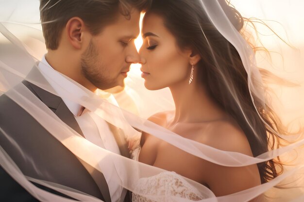 Newlywed wedding couple kissing inside a veil