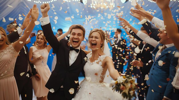 Foto gli sposi stanno ballando al centro della pista da ballo mentre gli ospiti lanciano confetti in aria