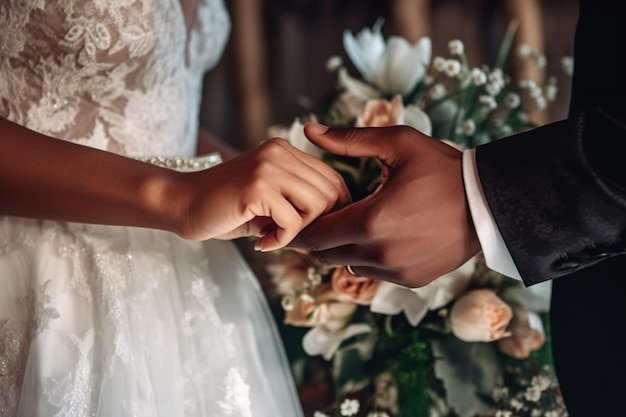 신혼 부부 는 결혼 꽃부리 를 들고 손 을 잡고 있다