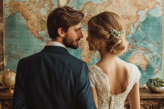 Newlyweds discussing their honeymoon in front of a map