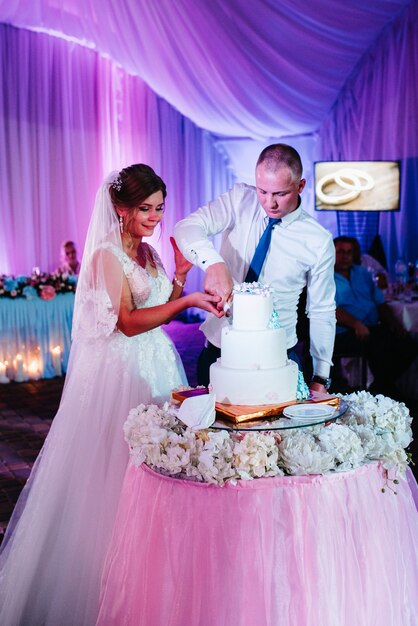 Newlyweds happily cut, laugh and taste the wedding cake