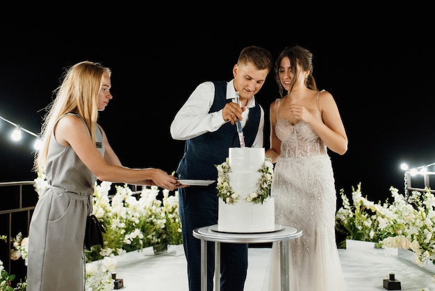 Newlyweds happily cut, laugh and taste the wedding cake