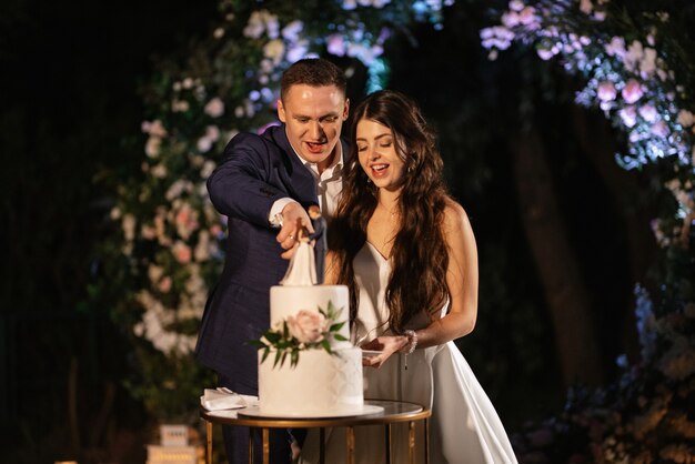 Newlyweds happily cut, laugh and taste the wedding cake