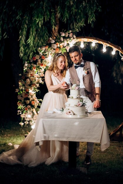 Newlyweds happily cut, laugh and taste the wedding cake