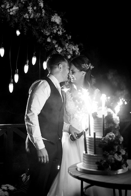 Newlyweds happily cut, laugh and taste the wedding cake