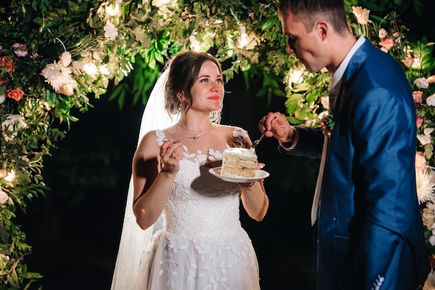 Newlyweds happily cut, laugh and taste the wedding cake