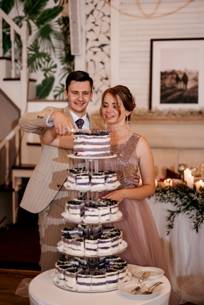 Newlyweds happily cut, laugh and taste the wedding cake