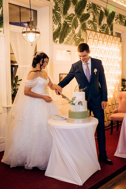 Newlyweds happily cut, laugh and taste the wedding cake