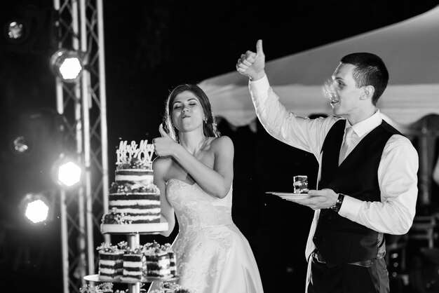 Newlyweds happily cut, laugh and taste the wedding cake