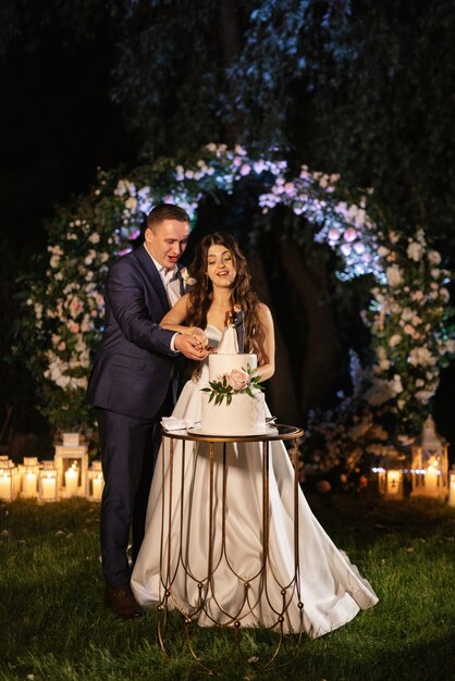 Newlyweds happily cut and taste the wedding cake