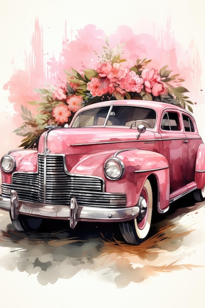 Newlyweds ride in floweradorned watercolor wedding car Illustration Generative AI
