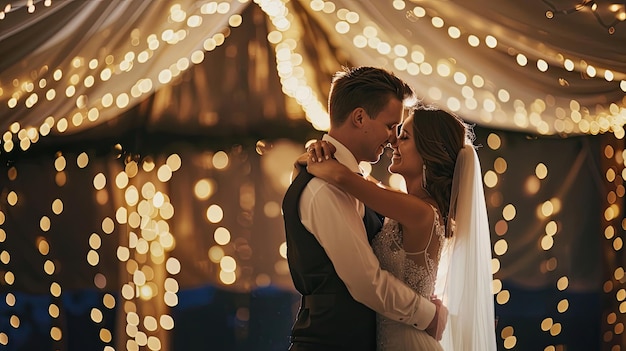 Newlyweds sharing romantic first dance under canopy of glowing lights Wedding marriage holiday close blur wedding photo nature landscape Starting a life together concept Generative by AI