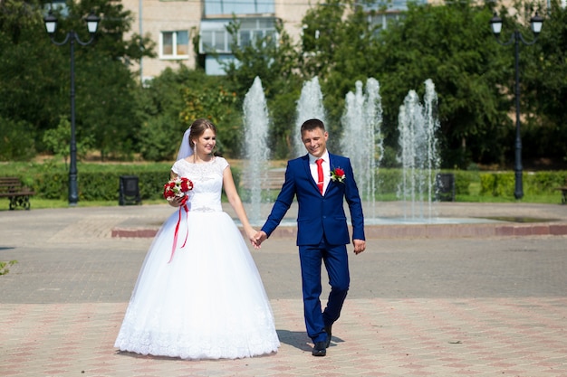 The Newlywedses on walk beside fountain in Park at summer.