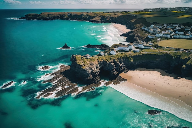 The Newquay beach in Cornwall England as seen from above