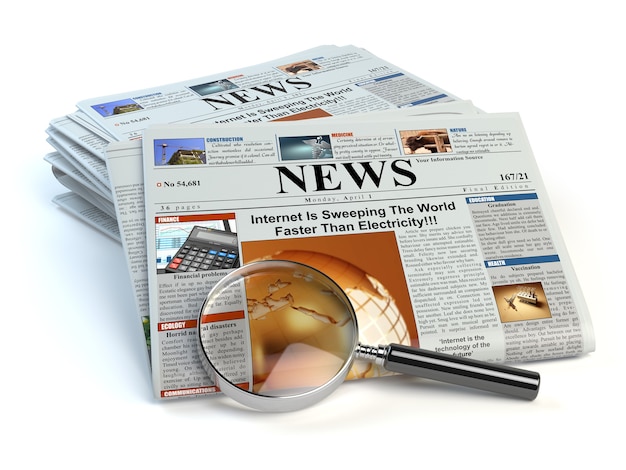 News concept. Newspapers and magnifying glass isolated on white. 3d illustration